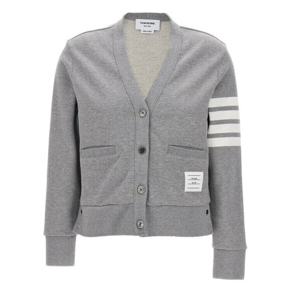 Thom Browne V-Neck Button-Down Grey Cardigan With Signature Stripes - NWT
